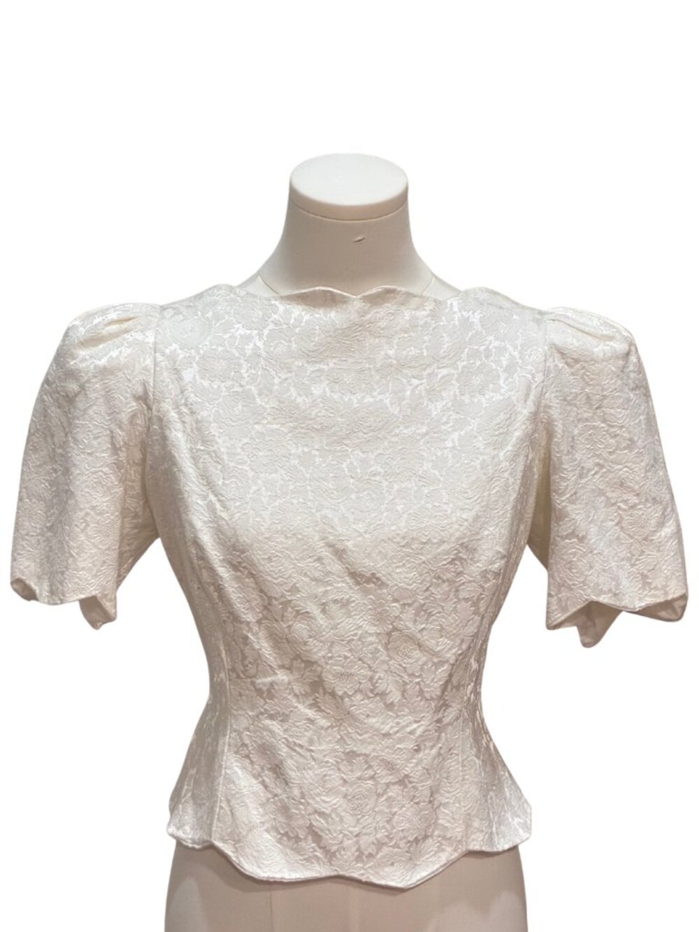 VTG 80s Ivory Floral Brocade Button Back Peplum Blouse Romantic Cottagecore M